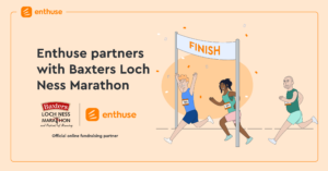 ornage background with cartoon runners in the foreground crossing the finish line with the baxters london marathon logo